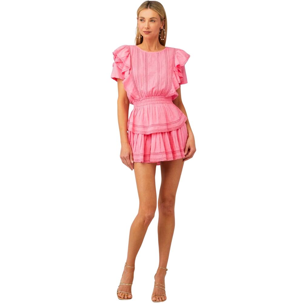 LoveShackFancy Natasha Dress Pink Cotton Tiered Ruffle Mini Swiss Dot Lace Large
